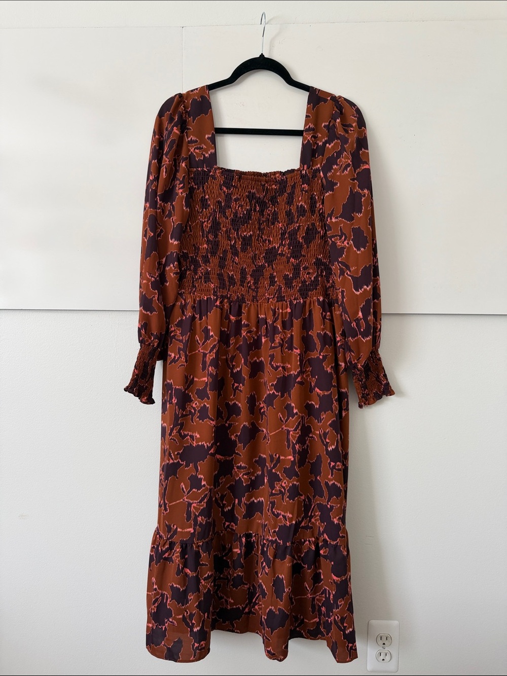 Nine West Rust and Dark Floral Smocked Midi Dress